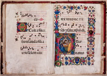 Biblioteka Piccolomini: księga chóralna, dorsz. 102,8, nn. 47v-48r z „Narodzeniem” Pellegrino di Mariano.