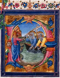 Biblioteka Piccolomini: księga chóralna, dorsz. 11.M, ff. 4rz „Wezwaniem św. Piotra i św. Andrzeja” Pellegrino di Mariano. Szczegół.