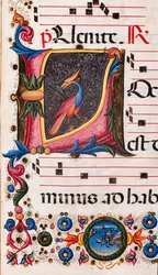 Biblioteka Piccolomini: księga chóralna, dorsz. 5.E, nn. 63r z „Inicjałem kartkowym” Pellegrino di Mariano. Szczegół.