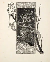 Małpa kontra wąż, z „Stu anegdot zwierząt”, wyd. 1924