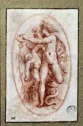 Apollo i Hiacynt. Rysowanie a la sanguine autorstwa Pietro Buonaccorsiego (1500-1546 / 47) znanego również jako Pierino del Vaga