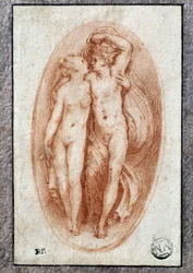 Para obejmuje. Rysowanie a la sanguine autorstwa Pietro Buonaccorsiego (1500-1546 / 47) znanego również jako Pierino del Vaga