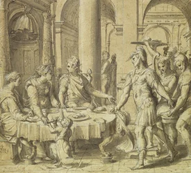 Uczta Dydona i Eneasz, wzór na gobelin z serii Historia Eneasza, ok. 1532 (pióro i atrament i pranie na papierze)