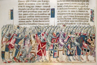 Royal 20 D. I f.221v Expedition of Xerces, ilustracja z „Faits des Romains”, c.1340 (welum)