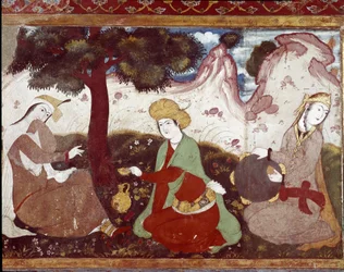 Perska księżniczka z kurtyzanami w XVII-wiecznym ogrodzie. Fresk z Pałacu 40 Kolumn (Chehel Sotoun) w Isfahanie (Isfahan lub Esfahan, Isfahan), Iran.