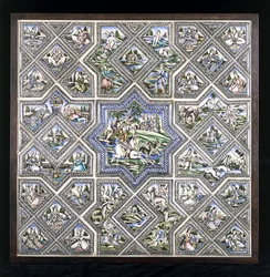 Panel z płytek ceramicznych przedstawiający polowanie na Bahram Gur i kilka innych postaci w różnych scenach, koniec XIX wieku