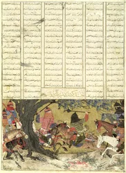 Ardashir walczący z Bahmanem, synem Ardavan, ilustracja z Shahnama (Księgi Królów), autorstwa Abul-Qasima Manura Firdawsiego (ok.934-c.1020) 1325-50 (toaleta, atrament i złoto na papierze)