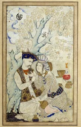 Art Islam: Portret Szacha Abbasa Obejmujem jedną z jego stron. Rysunek perski z 1672 r. Wymiary: 0,16 x 0,27m. Paryż, Musee du Louvre