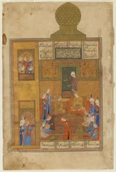 Bahram Gur i księżniczka w żółtym pawilonie z Khamsy (kwintetu) Nizami, ok. 1550 (nieprzezroczysta akwarela, tusz i złoto na papierze)