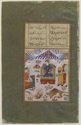 Bahram Gur intronizowany po zabiciu lwów, ok. 1490 (nieprzezroczysta akwarela, tusz i złoto na papierze)