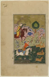 Bahram Gur poluje z Azadą, z Khamsy, ok. 1580