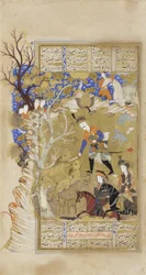 Bahram Gur chwyta koronę królewską spomiędzy dwóch lwów, ok. 1630 (nieprzezroczysta akwarela i tusz na papierze)