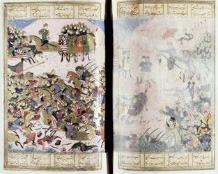Bitwa między Isfandiyar i Arjasp, ilustracja z Shahnama (Księgi Królów), autorstwa Abul-Qasima Manura Firdawsiego (ok.934-c.1020) ok.1440-45 (pióro, atrament i toaleta na welinie)