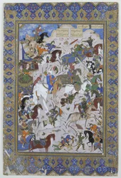 Bitwa między Khusrau i Bahram Cubaina, z wiersza Layla i Majnun pierwotnie Nizami, 1540 (tusz na welinie)