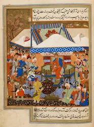 Bajazyd przyprowadziłem przed Timura po bitwie pod Ankarą (1402) ilustracja z „Sharaf al-Din Yazdi
