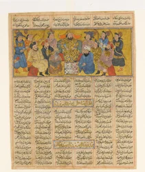 Buzurgmihr opanowuje partię szachów, ok. 1300-30 (atrament, nieprzezroczysta akwarela i złoto na papierze)