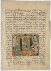 Śmierć Sudaby z ręki Rustama, z Shahnama (Księgi Królów) Firdawsiego (zm. 1020) (nieprzezroczysta akwarela, atrament, złoto i srebro na papierze)