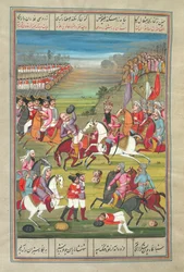 Fath Ali Shah zabija rosyjskiego generała, od „Shahinshahnama of Fath Ali Khan Saba”