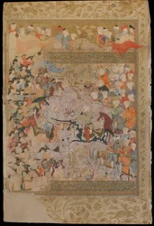 Folio z Rawzat al-safa (Ogrodu szczęścia) Mirkhwanda (zm. 1498); recto: Bitwa z Bizantyjczykami o Aleppo, Sziraz, Iran, okres Safawidów, 1571-72 (nieprzezroczysta akwarela, atrament i złoto na