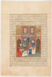 Folio z Shahnama (Księgi Królów) Firdawsiego (zm. 1020); Recto: Sandukht Becomes Aware of Rudaba, Tabriz, Iran, okres Il-Khanid, ok. 1330-40 (nieprzezroczysta akwarela, tusz i złoto na papierze)
