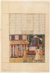 Folio z Shahnama (Księgi Królów) Firdawsiego (zm. 1020); prosto: Ardashir z żoną, który rzuca kielich trucizny, Tabriz, Iran, okres Il-Khanid, ok. 1330-40 (nieprzezroczysta akwarela, atrament i złoto na papierze)