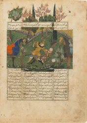 Folio z Shahnama (Księgi Królów) Firdawsiego (zm. 1020); odwrócona: Suhrab w walce z Rustamem, Iran, ok. 1440 (nieprzezroczysta akwarela, atrament i złoto na papierze)
