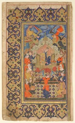 Folio z Shahnama (Księgi królów) Firdawsiego; prosto: Bilqis na tronie; verso: tekst przedmowy, Sziraz, Fars, Iran, okres Safawidów, ok. 1590-1600 (nieprzezroczysta akwarela, atrament i złoto na papierze)
