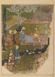 Folio z Zafarnamy; verso: Timur udziela audiencji z okazji wstąpienia na tron w Balch, Sziraz, Iran, okres Timurydów (nieprzezroczysta akwarela, atrament i złoto na papierze)