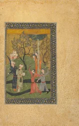 Folio z niezidentyfikowanego tekstu; Książę i księżniczka otoczeni przez dworzan w ogrodzie, Iran, okres turkomański, ok. 1480 (nieprzezroczysta akwarela, atrament i złoto na papierze)