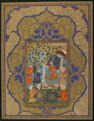 Folio z niezidentyfikowanego tekstu; Władca na tronie, prawdopodobnie Khurasan, Iran, ok. 1590 (nieprzezroczysta akwarela, atrament i złoto na papierze)