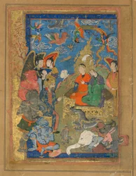 Folio z niezidentyfikowanego tekstu; Sulayman and Bilqis Enthroned, Isfahan, Iran, okres Safavid, ok. 1590-1600 (nieprzezroczysta akwarela, atrament i złoto na papierze)