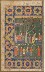 Folio z niezidentyfikowanego tekstu; recto: Przyjęcie w ogrodzie, Sziraz, Iran, ok. 1570 (nieprzezroczysta akwarela, tusz i złoto na papierze)