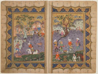 Folio z niezidentyfikowanego tekstu; verso: Książę siedzący na skale otoczony przez pomocników, Isfahan, Iran, ok. 1600 (nieprzezroczysta akwarela, atrament i złoto na papierze)