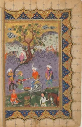 Folio z niezidentyfikowanego tekstu; verso: Książę siedzący na skale otoczony przez pomocników, Isfahan, Iran, ok. 1600 (nieprzezroczysta akwarela, atrament i złoto na papierze)