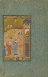 Folio z niezidentyfikowanego tekstu; verso: Dwóch mężczyzn niosących dzbany zbliża się do budynku, Sziraz, Iran, ok. 1520 (nieprzezroczysta akwarela, atrament i złoto na papierze)