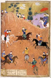 Gushtasp grający w polo przed Cezarem, ilustracja z Księgi Królów, autorstwa Abul-Qasima Manura Firdawsiego (ok.934-c.1020) ok.1440-45 (pióro, atrament i toaleta na welinie)