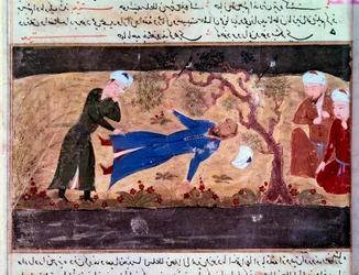 Historia Mongołów: Śmierć muhammada hwarazmshah. Rękopis „Suma historii (Djame al-tavarikh) (Djame al-tavarikh)” (Folio 60v) autorstwa Rachida al-Din Fazl-ollah (Fazl ollah) Hamadani