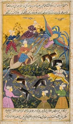 Myśliwi zabijający tygrysa i jelenia (nieprzezroczysta akwarela i złoto na papierze)