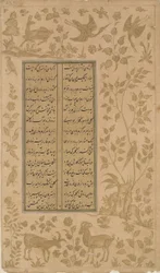 Koziorożce, jelenie i ptaki, folio z Yusuf-u-Zulaikha autorstwa Jami (zm. 1492) Qazvin, dynastia Safavid, 1557 (atrament i złoto na papierze)