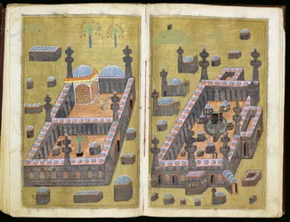 MS.343.f15v-16r Meczety w Medynie i Mekce, z „Powodów dla miłości”, Mustafa Al-Shukri, 1160