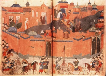 Ms.Sup.Pers.1113.f.180v-181 Mongołowie pod wodzą Hulagu Khana szturmują i zdobywają Bagdad w 1258 r., z książki Rashida al-Dina (1247-1318) (welin)