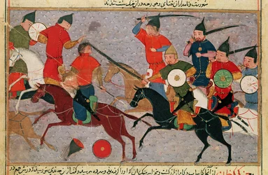 Pani Pers.113 f.49 Czyngis-chan (ok.1162-1227) w bitwie, z książki Raszida al-Dina (1247-1318) (gwasz)