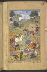 Or.12076 f.23v Bóg Agni tworzy ogień, aby pomóc swemu teście Raja Niladhvaja z Malwy, podczas gdy Arjuna gasi płomienie magicznymi strzałami, które wytwarzają źródła wody (Ahmad Kashmiri) z „Razmnamah” (ʻKsięga Wojnyʼ). ), tłumaczenie M