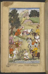 Or.12076 f.67r Babhruvahana dziesiątkujący armię Ardżuny (Bulaqi ibn Ghulam ‘Ali) z Razmnāmah (ʻKsięga Wojnyʼ), tłumaczenie Mahabharaty przez Naqib Khana