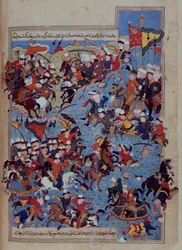 Lub 5736 fol.122v Bitwa między Timurem (1336-1405) i Tuqtamish Khan w 1395, z „Rawzat al-Safa” Mirkhvanda, Turcja