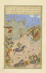 Perski 239 fol.155b Rustam ściąga Kh?q?n ze swojego słonia, ilustracja z Szahnamy (Księgi Królów), autor Abul-Qasim Mansur Firdawsi (ok.934-c.1020), 1444