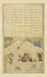 Perski 239 fol.190b B?zhan zabija H?m?n, ilustracja z Szahnamy (Księgi Królów), autor Abul-Qasim Mansur Firdawsi (ok.934-c.1020), 1444
