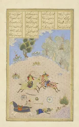 Perski 239 fol.206b Gustaham, zabiwszy Farsh?dvarda, wysyła Lahh?k, ilustracja z Szahnamy (Księgi Królów), autor Abul-Qasim Mansur Firdawsi (ok.934-c.1020), 1444