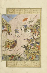 Perski 239 fol.269b Gusht?sp w bitwie z Asj?sp pod Balkh, ilustracja z Szahnamy (Księga Królów), autor Abul-Qasim Mansur Firdawsi (ok.934-c.1020), 1444