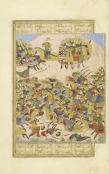 Perski 239 fol.270a Guszt?sp w bitwie z Asj?sp pod Balkh, ilustracja z Szahnamy (Księga Królów), autor Abul-Qasim Mansur Firdawsi (ok.934-c.1020), 1444
